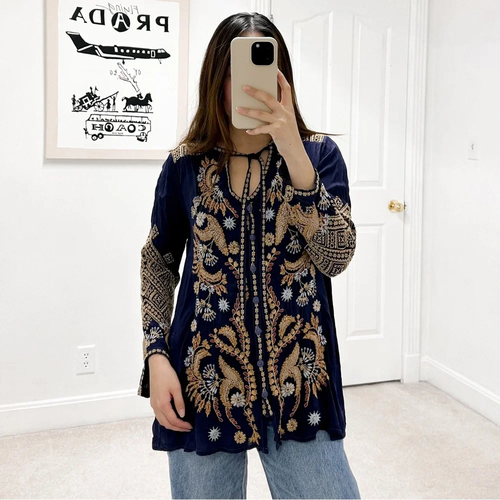 Johnny Was Minerva Blue Gravel Embroidered Blouse in Navy Blue and Gold